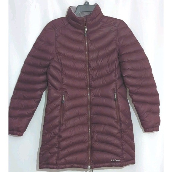 LL Bean Ultralight 850 Long Down Puffer Jacket  Parka Burgundy Women Size XS PET - Picture 1 of 16